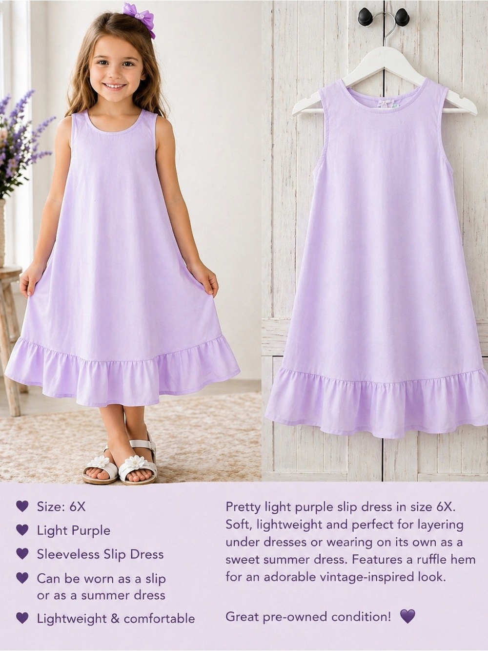 Light Purple Sleeveless Ruffle-Hem Kids Dress